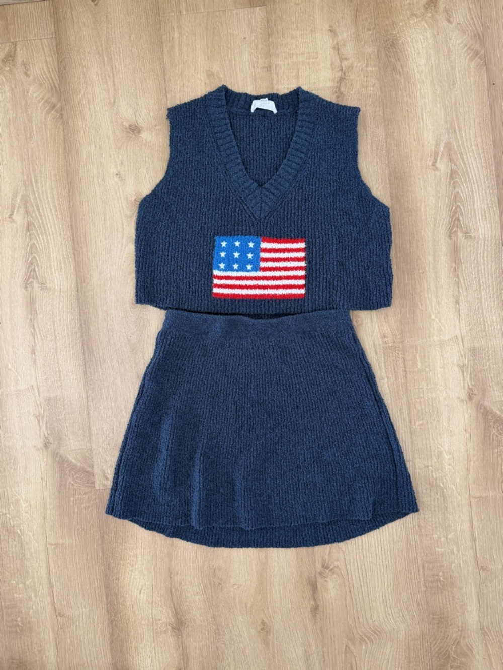 Navy Sweater & Skirt Set with Flag Detail